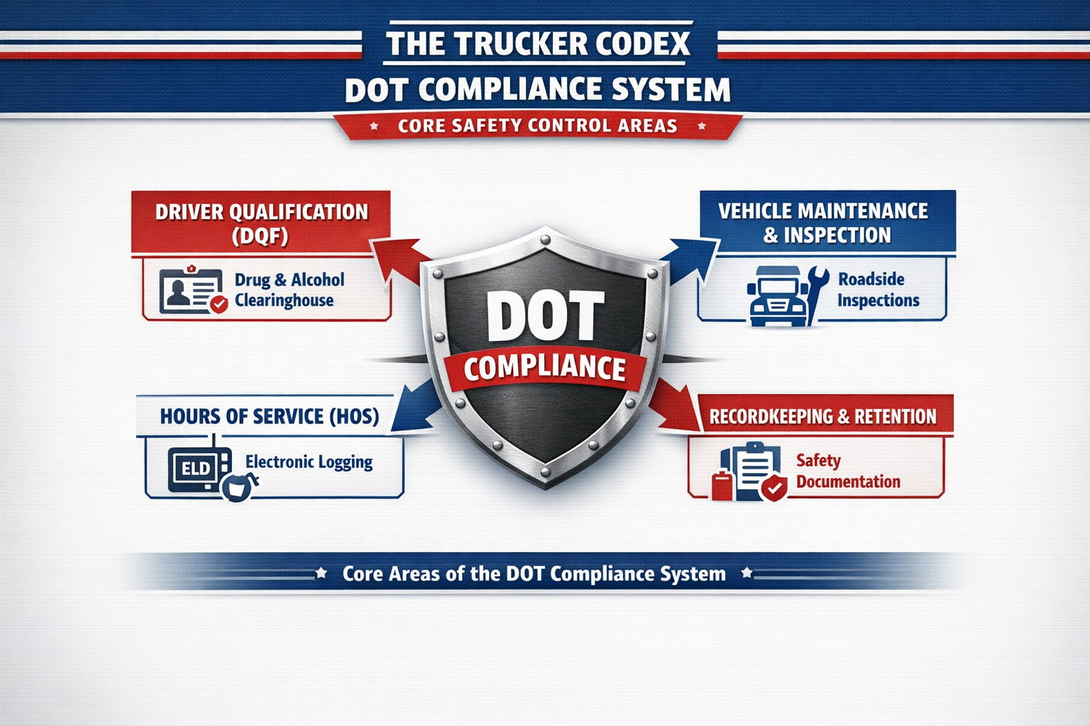 The core regulatory structure of DOT compliance covering driver qualification, vehicle maintenance, hours-of-service limits, and documentation requirements. DOT compliance framework diagram showing driver qualification, vehicle maintenance, hours of service, recordkeeping, and roadside inspection requirements