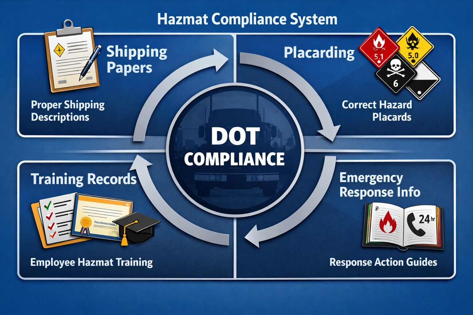 DOT hazmat compliance infographic showing how shipping papers, placarding, training records, and emergency response information work together in hazardous materials transportation.
